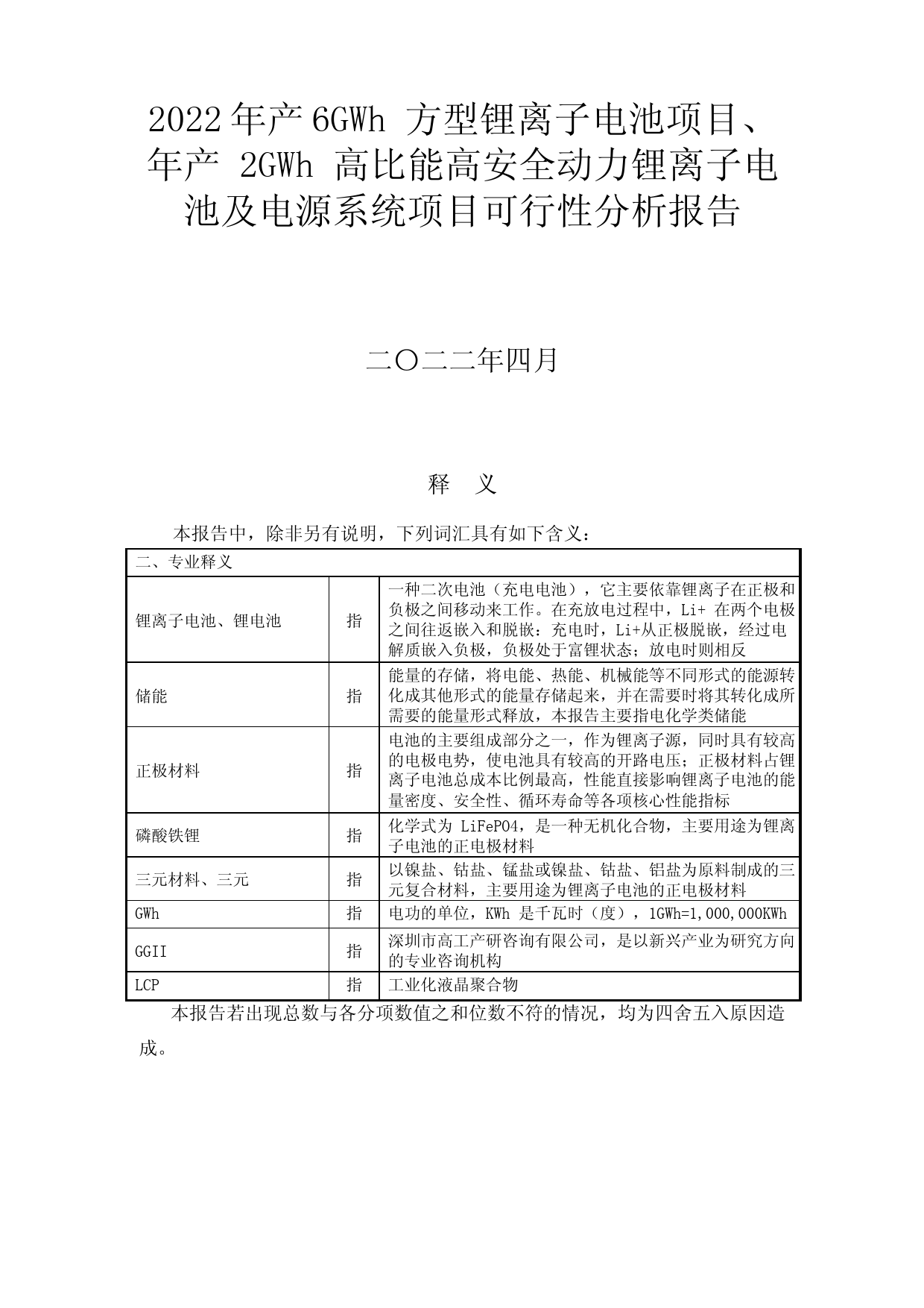 2022年产6GWh 方型锂离子电池项目、年产 2GWh 高比能高安全动力锂离子电池及电源系统项目可行性分析报告_第1页