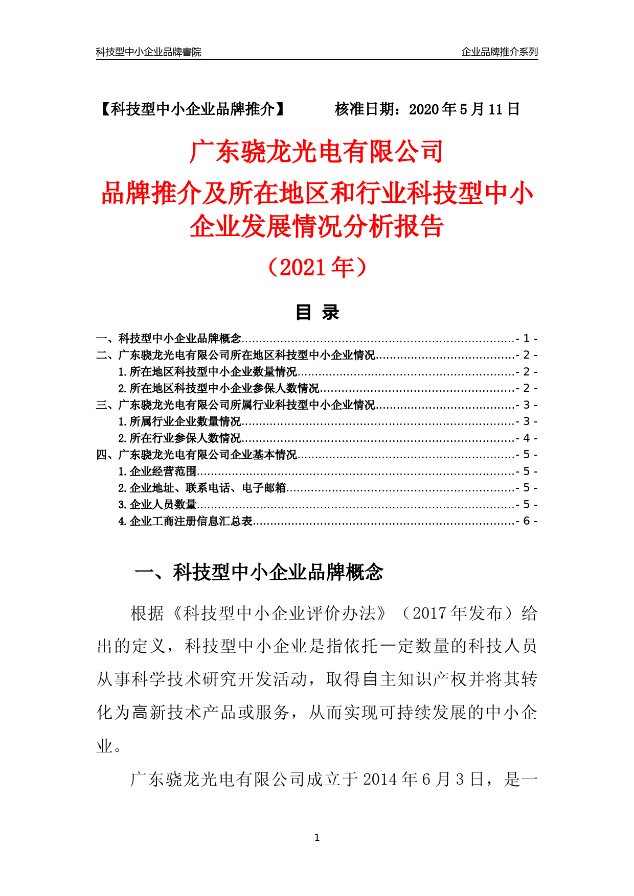 [科技中小]广东骁龙光电有限公司品牌推介及所在地区和行业企业发展情况分析报告（2021年）_第1页