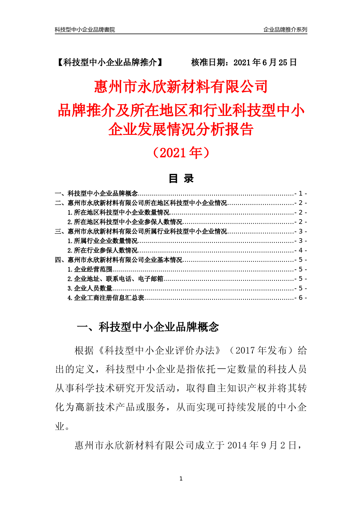 [科技中小]惠州市永欣新材料有限公司品牌推介及所在地区和行业企业发展情况分析报告（2021年）_第1页