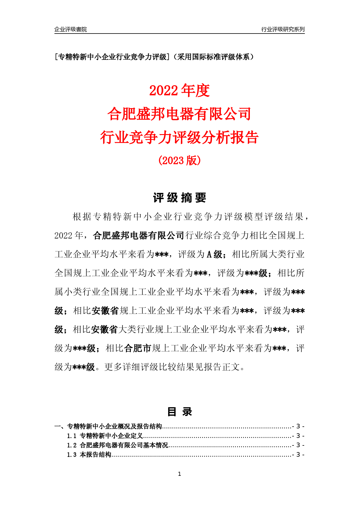 [专精特新]2022年合肥盛邦电器有限公司行业竞争力评级分析报告(2023版)_第1页