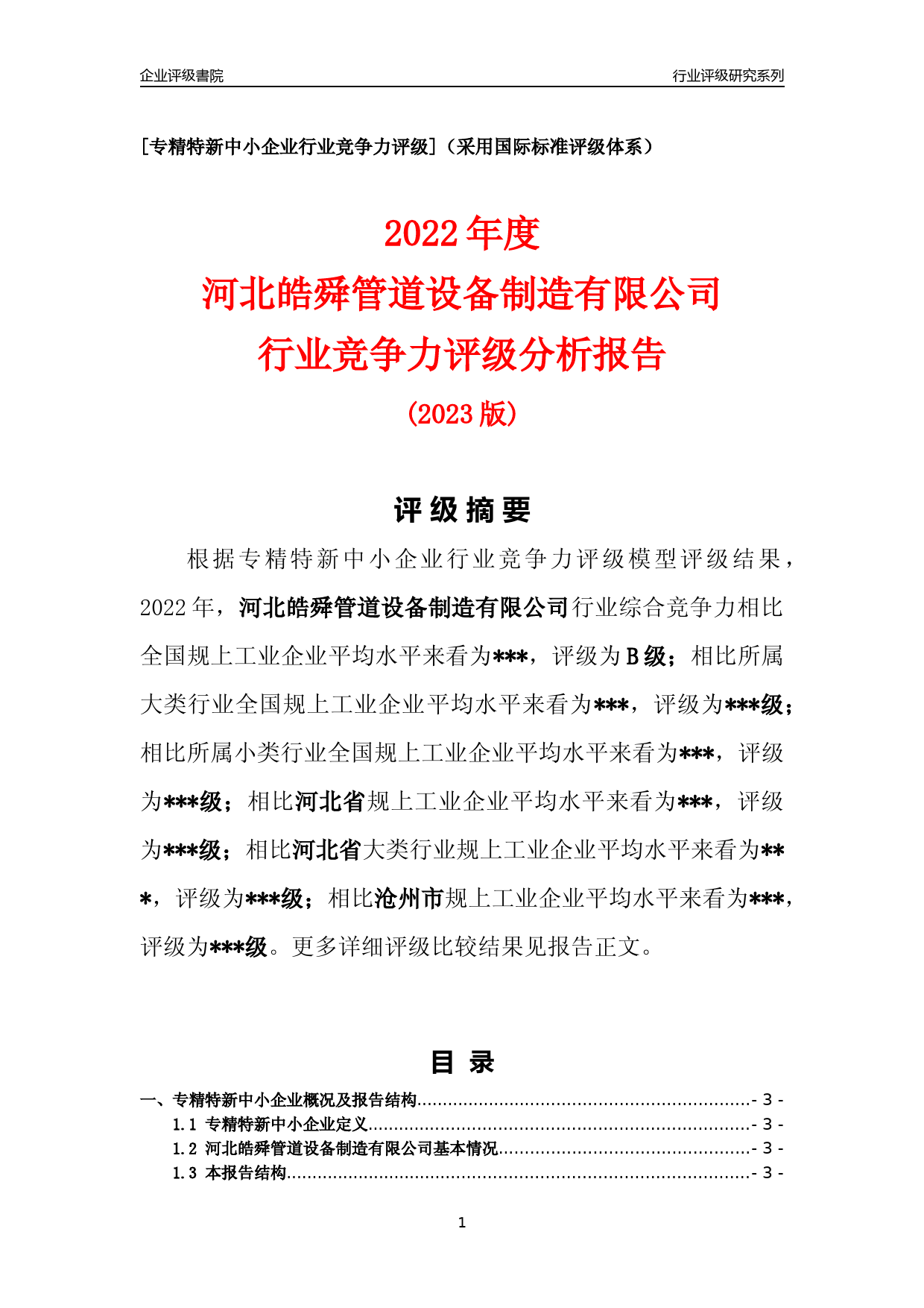 [专精特新]2022年河北皓舜管道设备制造有限公司行业竞争力评级分析报告(2023版)_第1页