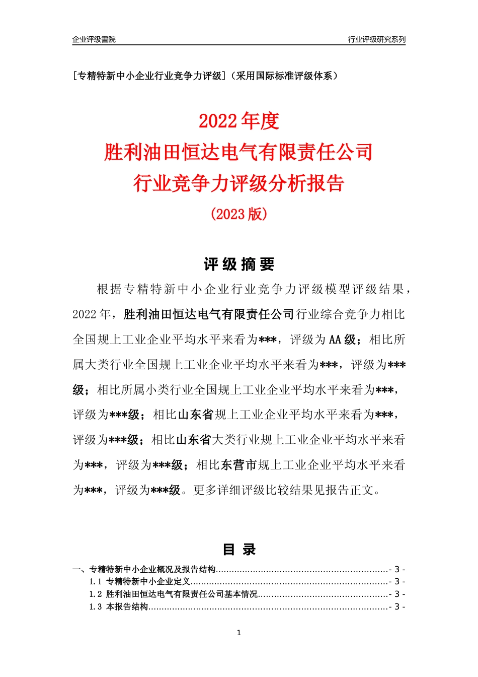 [专精特新]2022年胜利油田恒达电气有限责任公司行业竞争力评级分析报告(2023版)_第1页