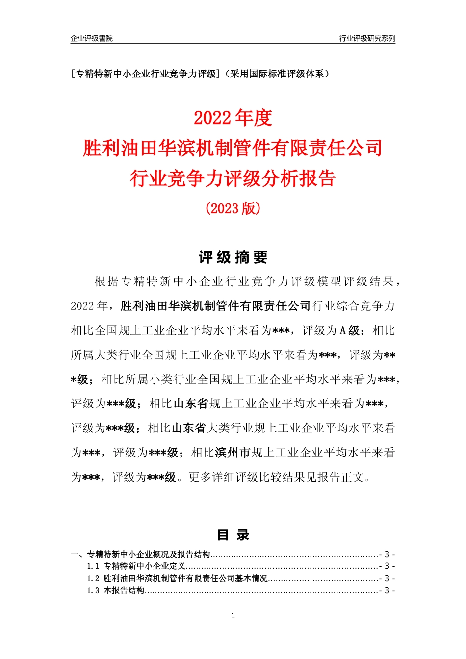 [专精特新]2022年胜利油田华滨机制管件有限责任公司行业竞争力评级分析报告(2023版)_第1页
