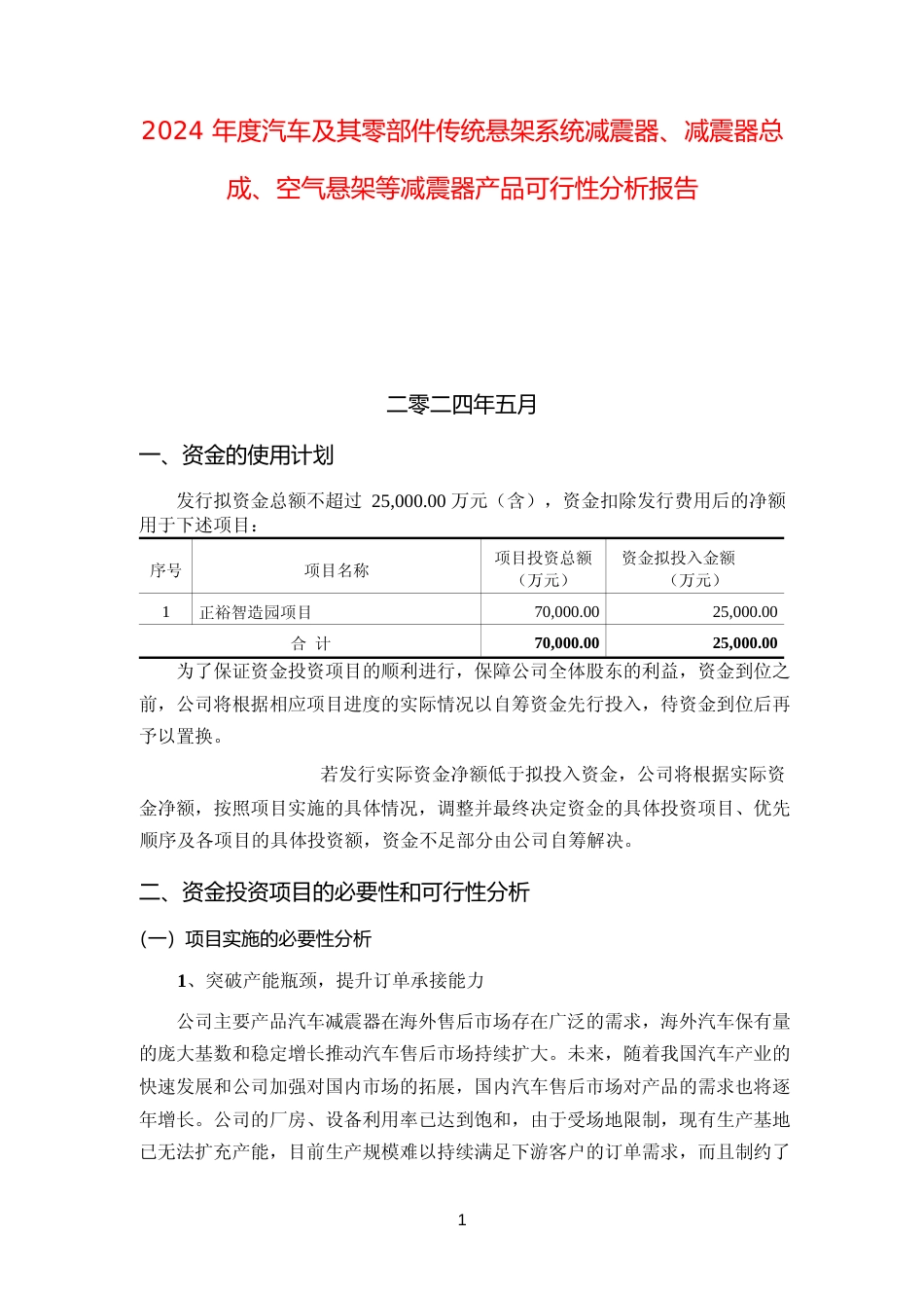 2024 年度汽车及其零部件传统悬架系统减震器、减震器总成、空气悬架等减震器产品可行性分析报告_第1页