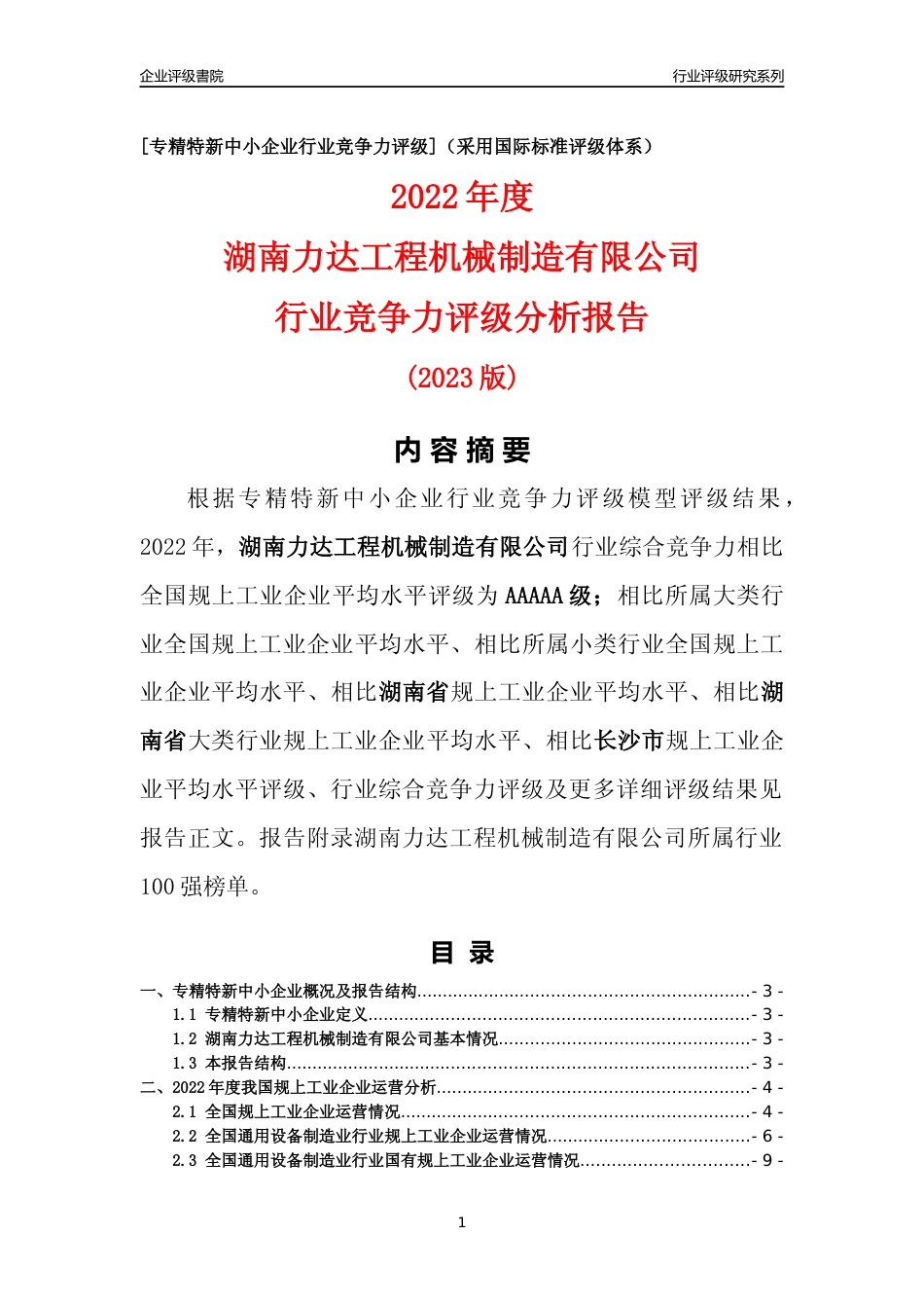 [专精特新]湖南力达工程机械制造有限公司行业竞争力评级分析报告(2023版)_第1页
