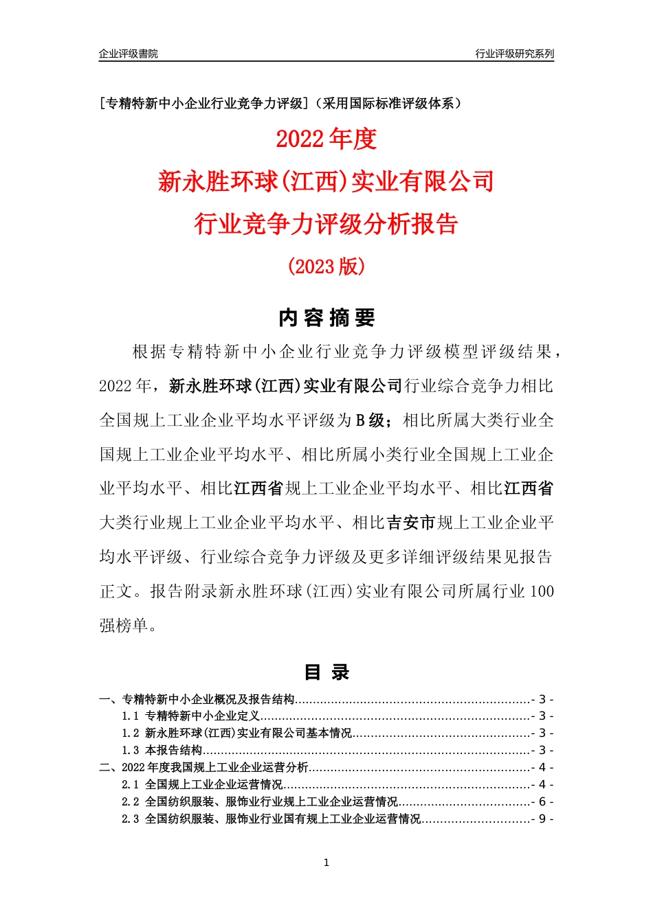 [专精特新]新永胜环球(江西)实业有限公司行业竞争力评级分析报告(2023版)_第1页
