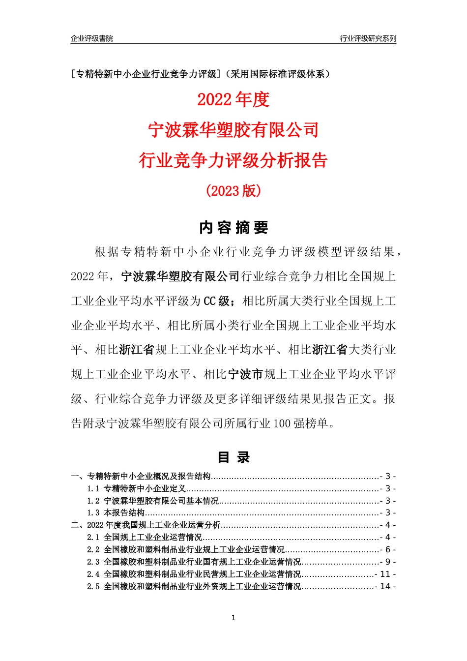 [专精特新]宁波霖华塑胶有限公司行业竞争力评级分析报告(2023版)_第1页