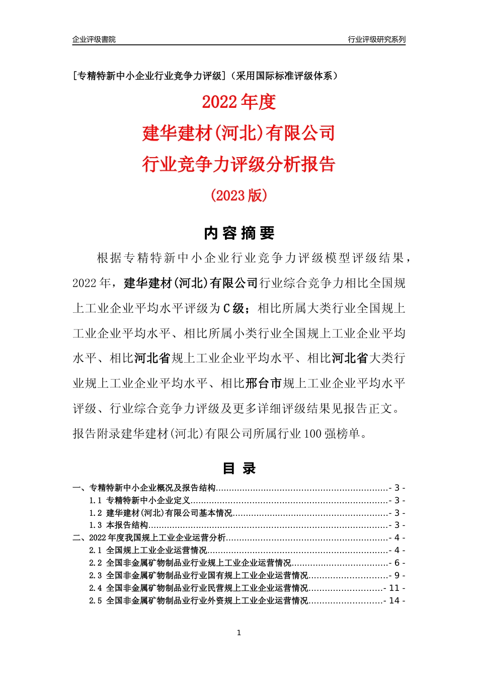 [专精特新]建华建材(河北)有限公司行业竞争力评级分析报告(2023版)_第1页