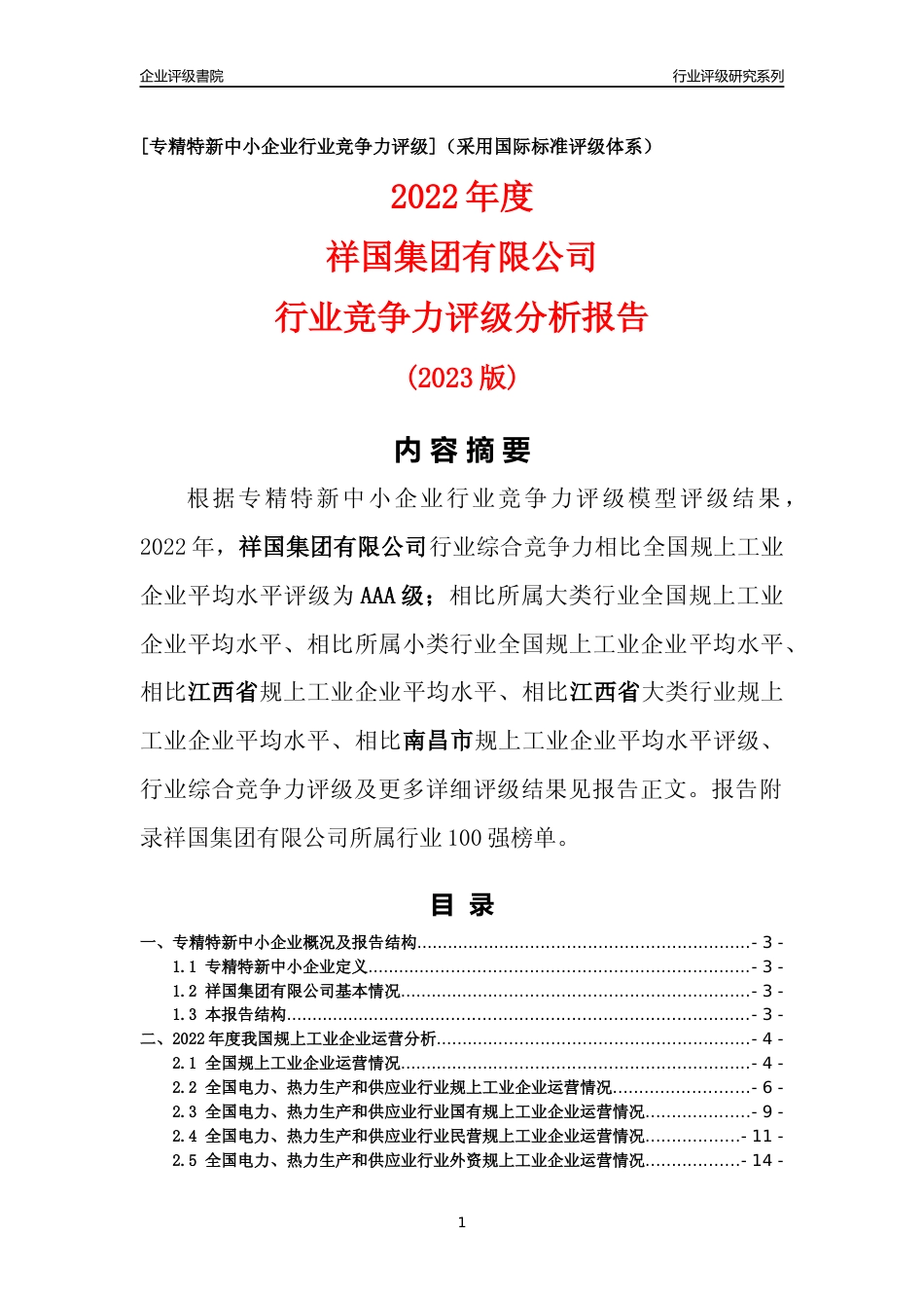 [专精特新]祥国集团有限公司行业竞争力评级分析报告(2023版)_第1页