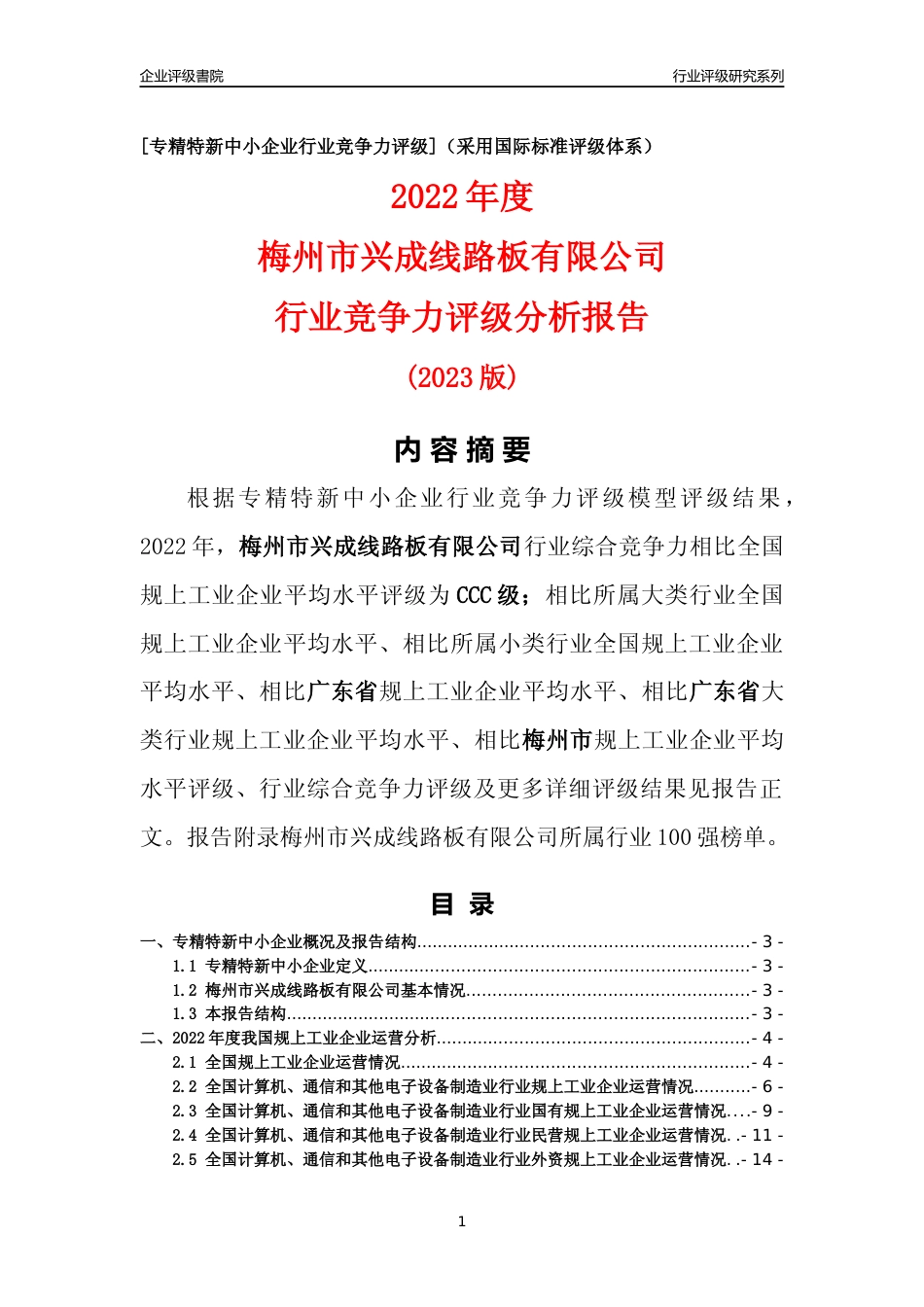 [专精特新]梅州市兴成线路板有限公司行业竞争力评级分析报告(2023版)_第1页
