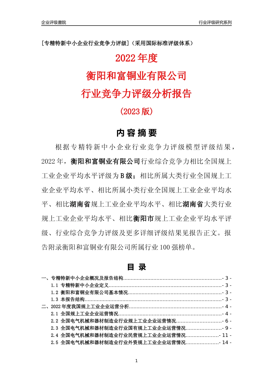 [专精特新]衡阳和富铜业有限公司行业竞争力评级分析报告(2023版)_第1页