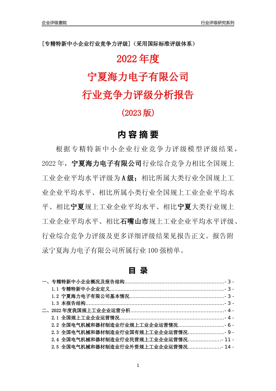 [专精特新]宁夏海力电子有限公司行业竞争力评级分析报告(2023版)_第1页