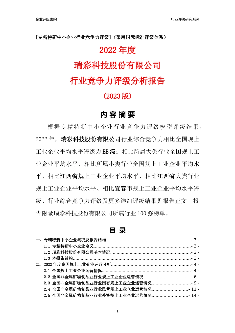 [专精特新]瑞彩科技股份有限公司行业竞争力评级分析报告(2023版)_第1页