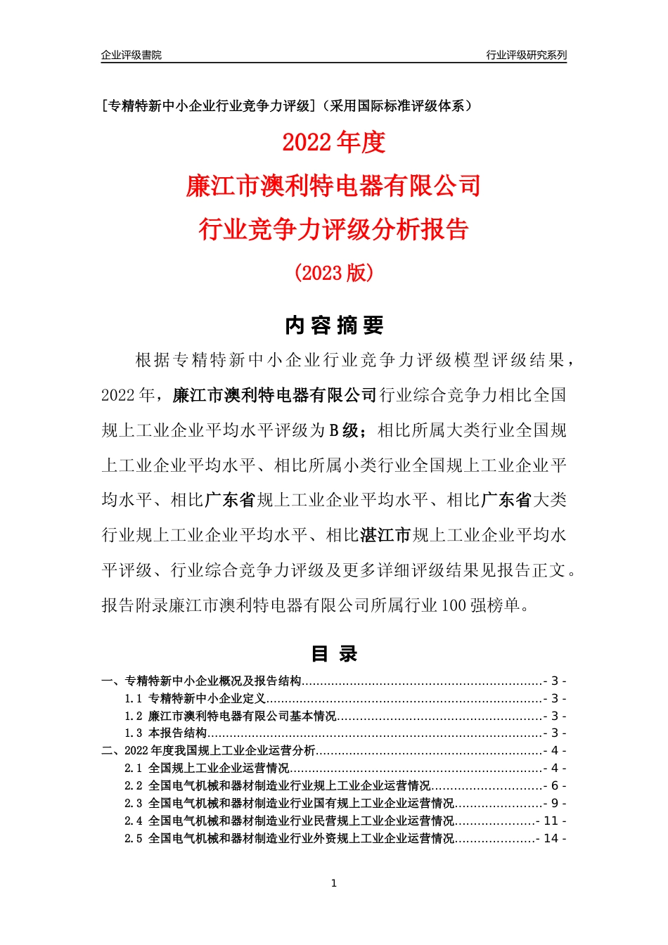 [专精特新]廉江市澳利特电器有限公司行业竞争力评级分析报告(2023版)_第1页