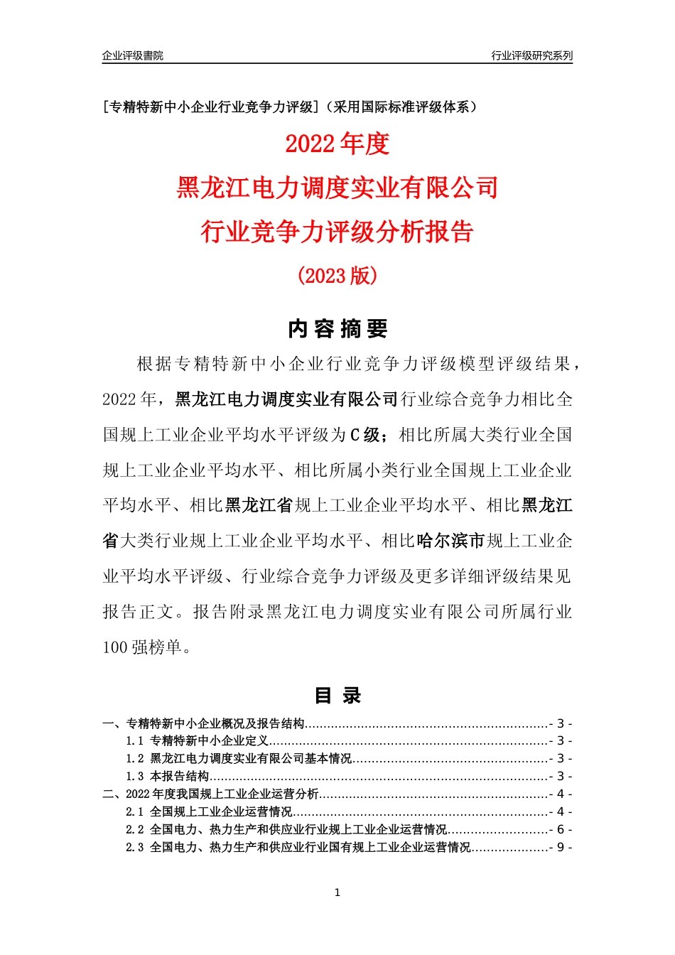 [专精特新]黑龙江电力调度实业有限公司行业竞争力评级分析报告(2023版)_第1页