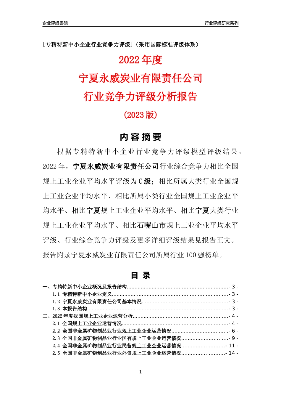 [专精特新]宁夏永威炭业有限责任公司行业竞争力评级分析报告(2023版)_第1页