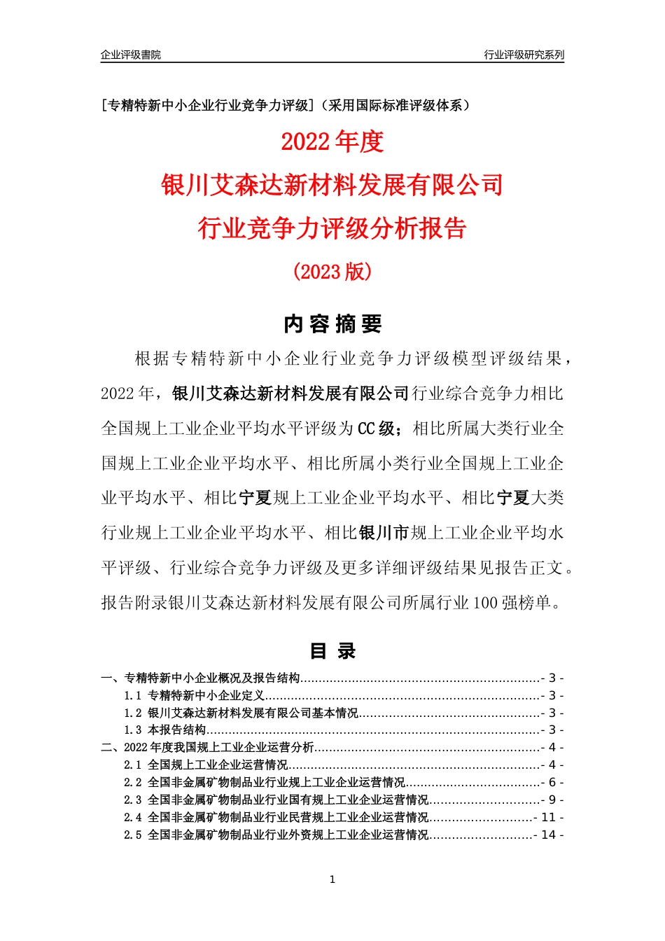 [专精特新]银川艾森达新材料发展有限公司行业竞争力评级分析报告(2023版)_第1页