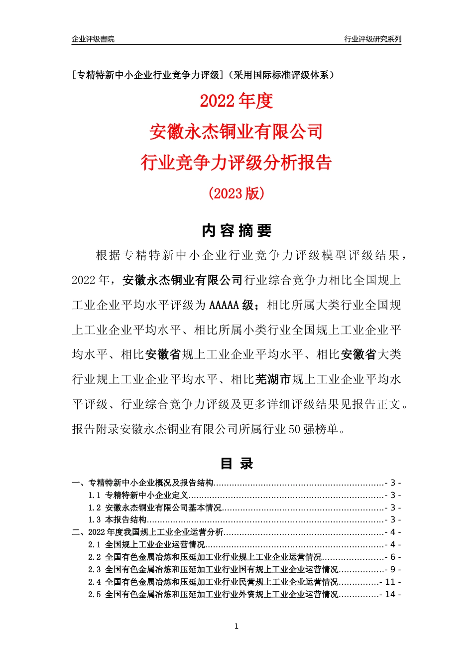 [专精特新]安徽永杰铜业有限公司行业竞争力评级分析报告(2023版)_第1页
