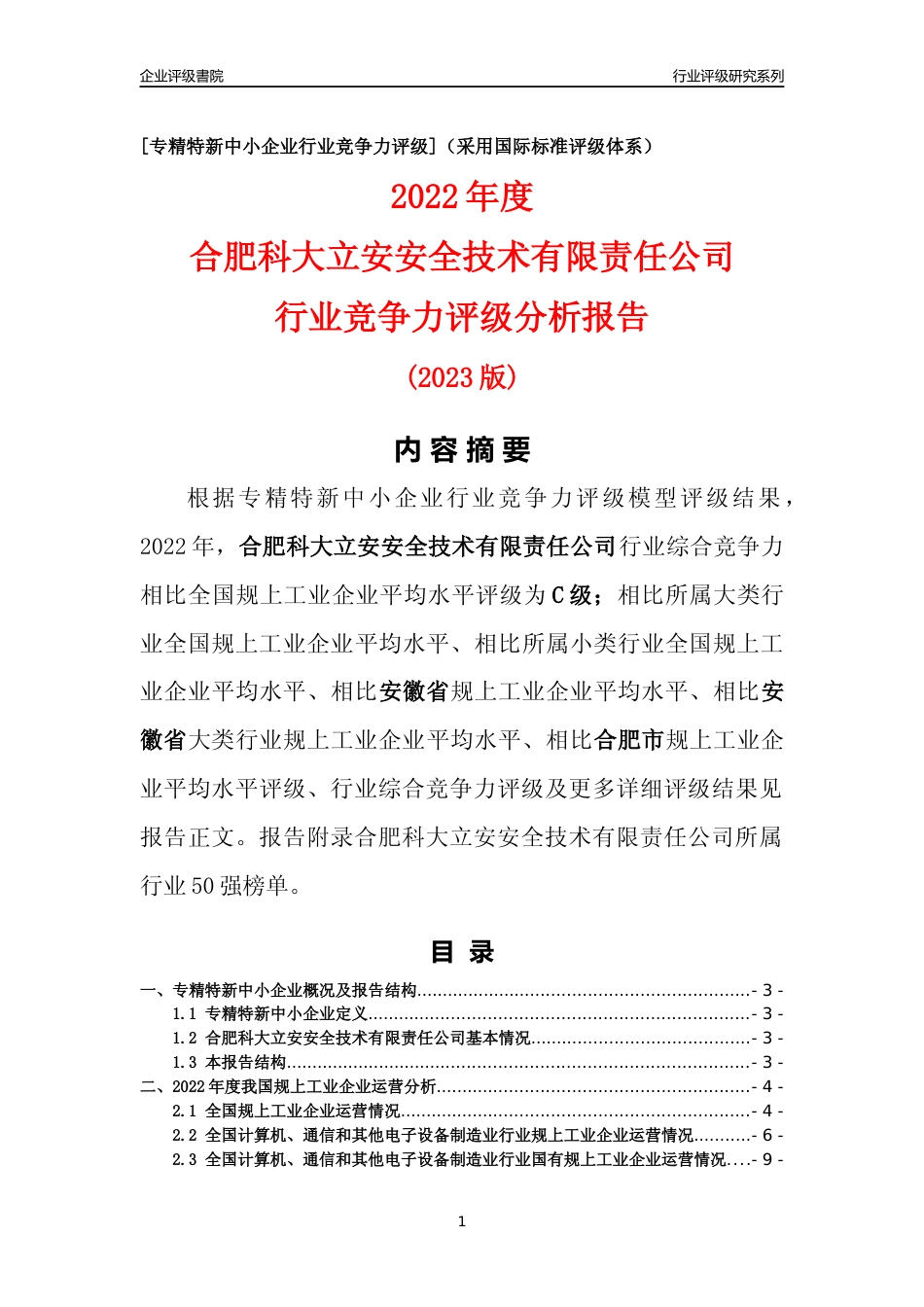 [专精特新]合肥科大立安安全技术有限责任公司行业竞争力评级分析报告(2023版)_第1页