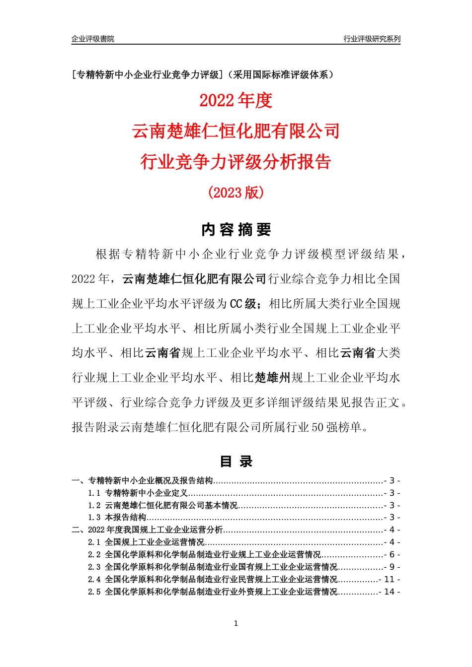 [专精特新]云南楚雄仁恒化肥有限公司行业竞争力评级分析报告(2023版)_第1页
