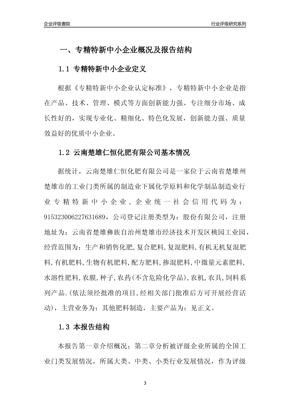 [专精特新]云南楚雄仁恒化肥有限公司行业竞争力评级分析报告(2023版)_第3页
