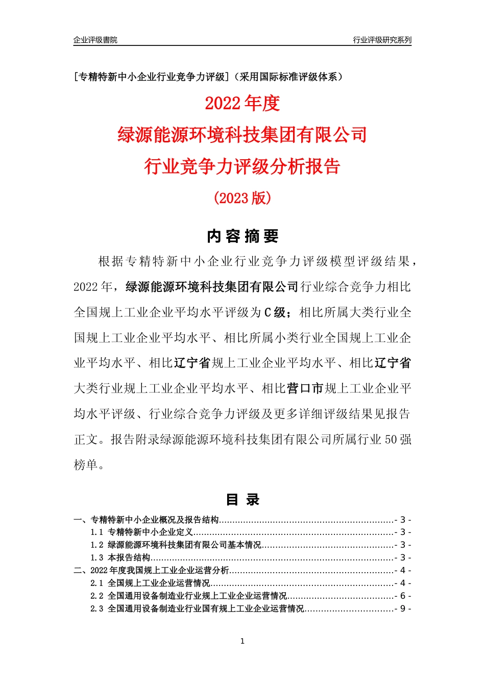 [专精特新]绿源能源环境科技集团有限公司行业竞争力评级分析报告(2023版)_第1页