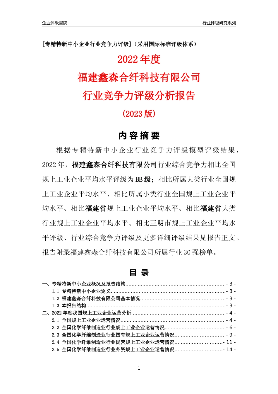 [专精特新]福建鑫森合纤科技有限公司行业竞争力评级分析报告(2023版)_第1页