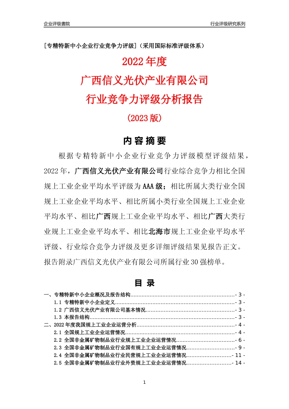 [专精特新]广西信义光伏产业有限公司行业竞争力评级分析报告(2023版)_第1页
