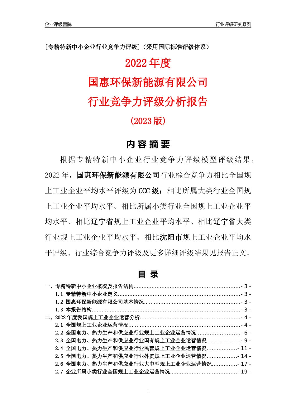 [专精特新]国惠环保新能源有限公司行业竞争力评级分析报告(2023版)_第1页