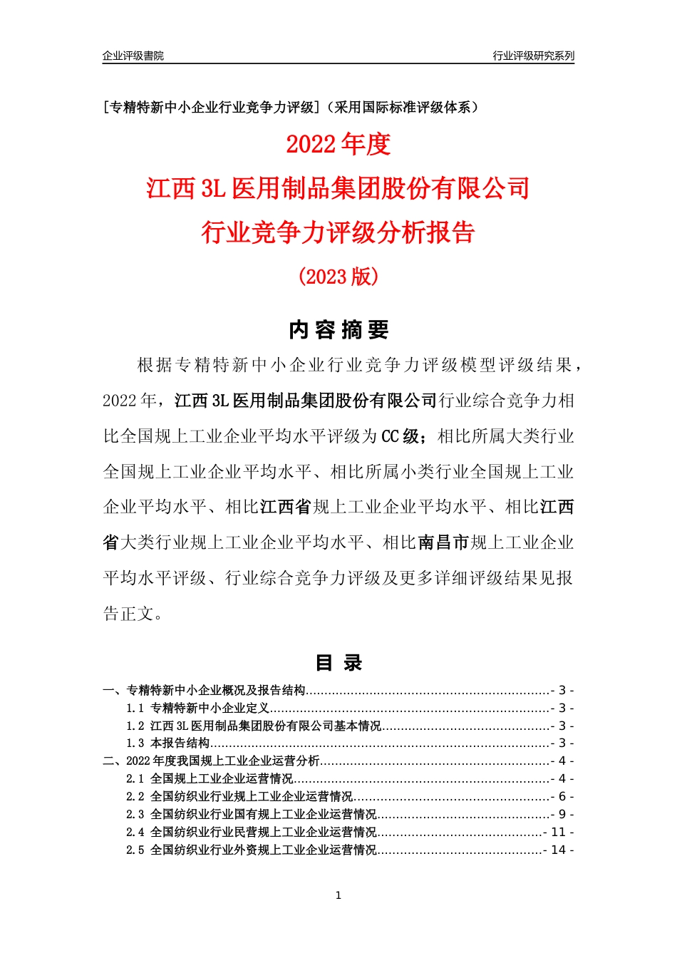 [专精特新]江西3L医用制品集团股份有限公司行业竞争力评级分析报告(2023版)_第1页