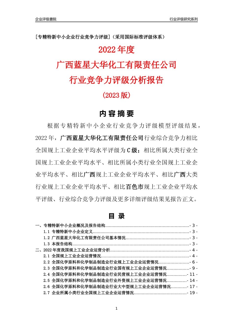 [专精特新]广西蓝星大华化工有限责任公司行业竞争力评级分析报告(2023版)_第1页