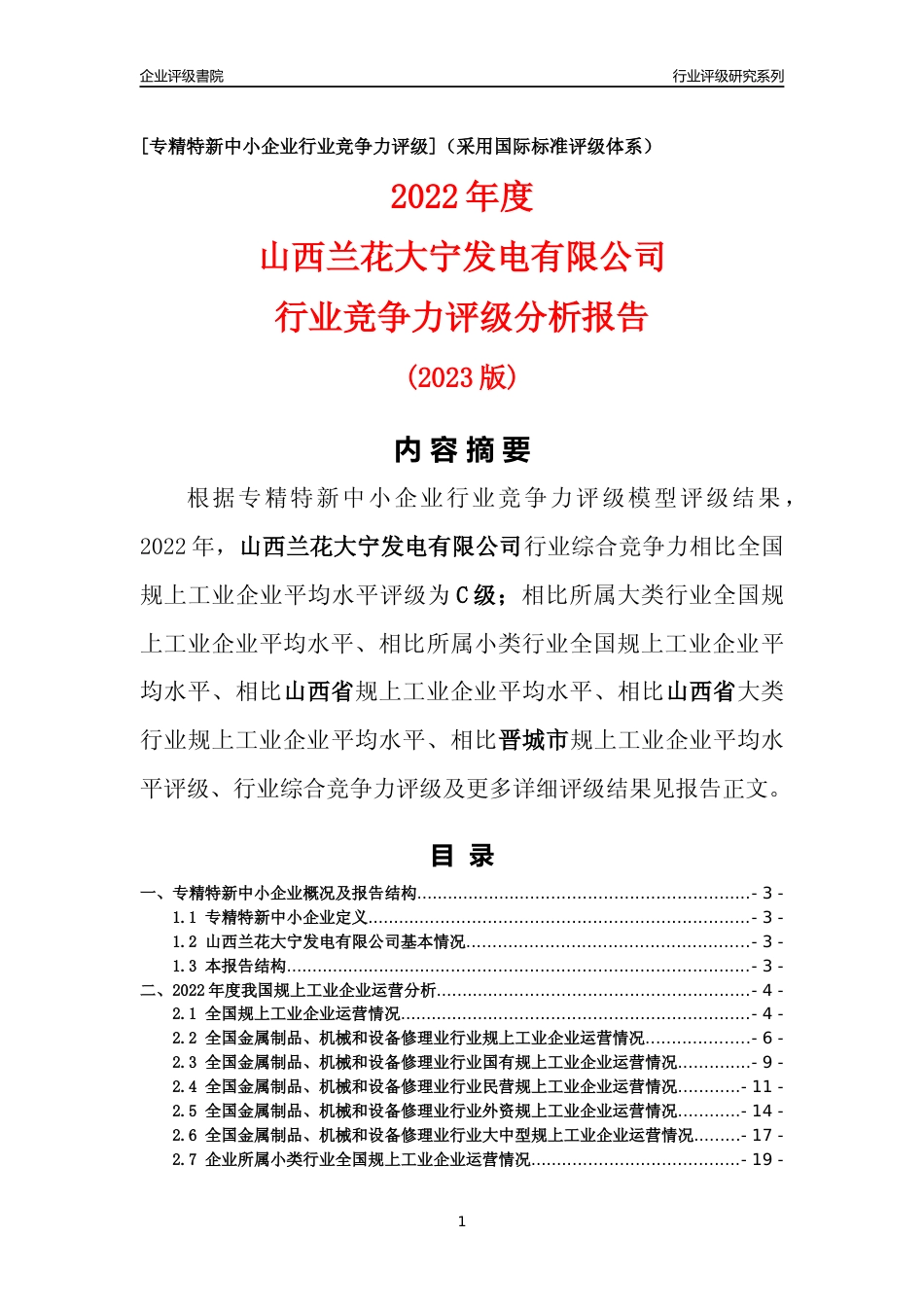 [专精特新]山西兰花大宁发电有限公司行业竞争力评级分析报告(2023版)_第1页