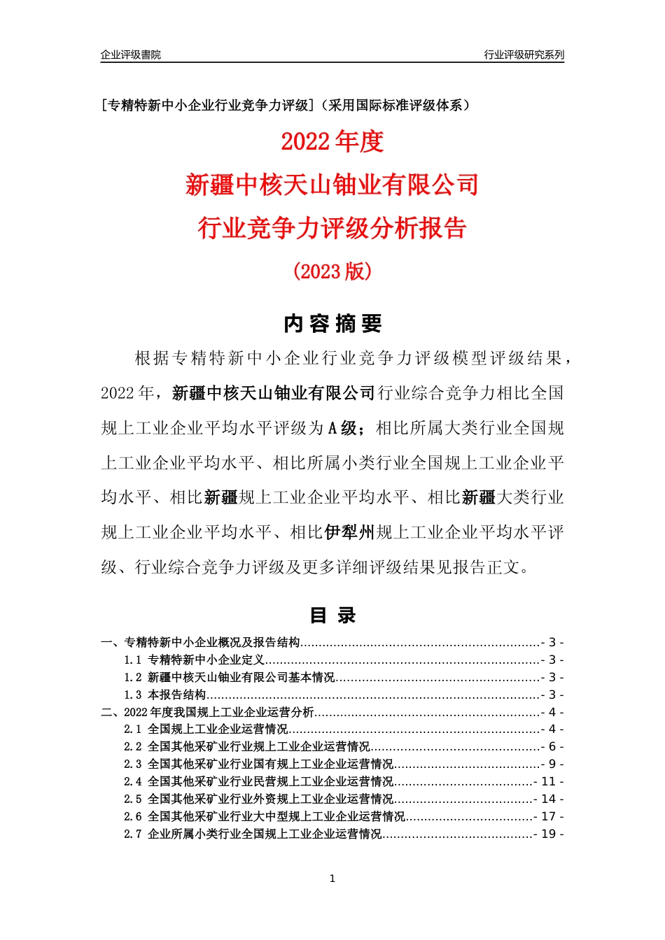 [专精特新]新疆中核天山铀业有限公司行业竞争力评级分析报告(2023版)_第1页