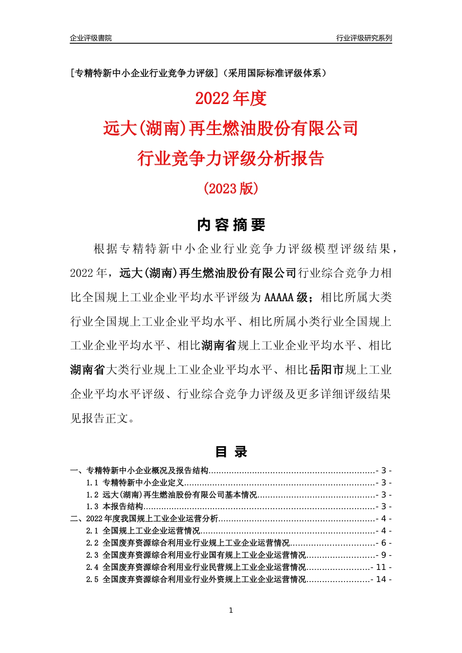 [专精特新]远大(湖南)再生燃油股份有限公司行业竞争力评级分析报告(2023版)_第1页