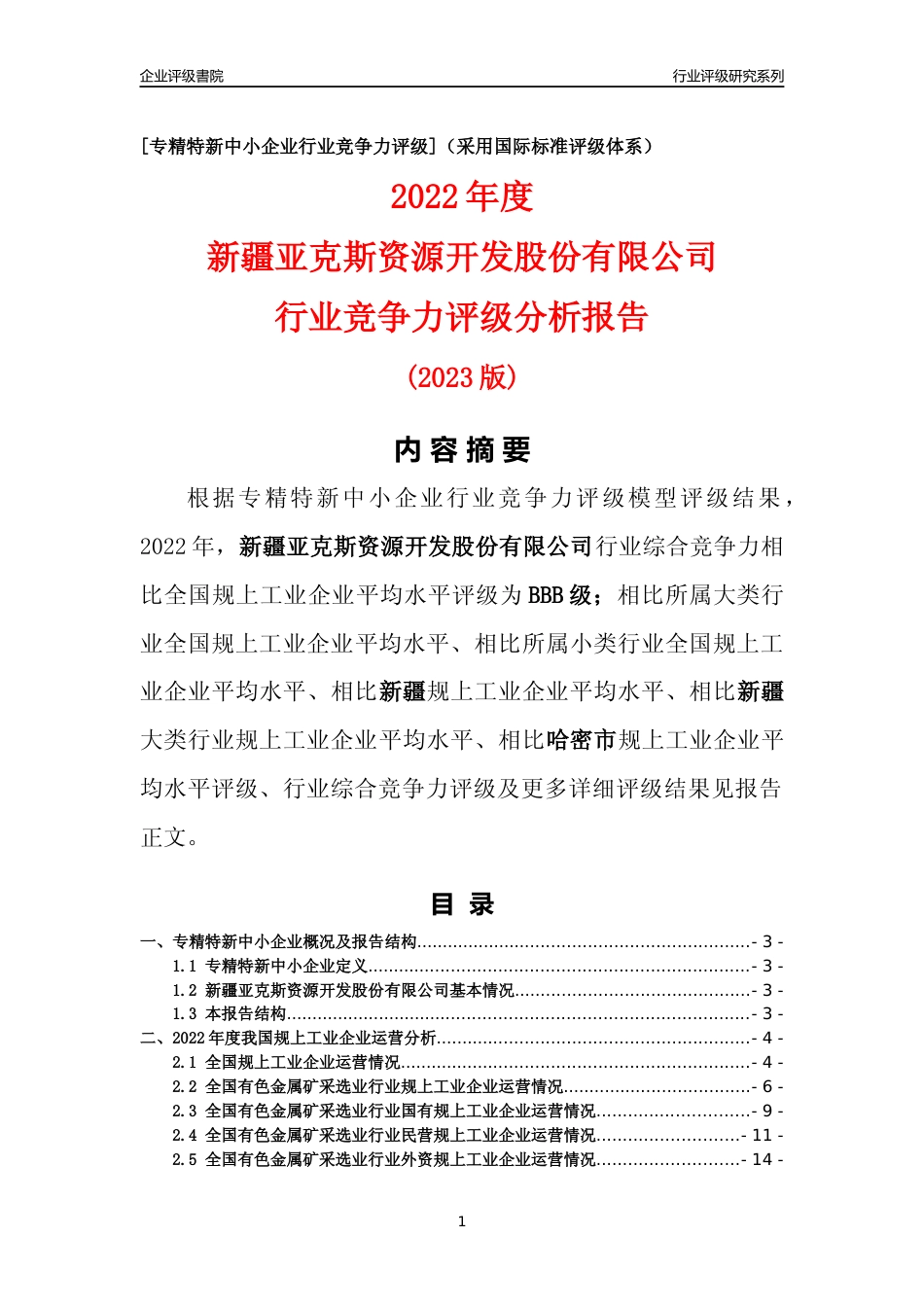 [专精特新]新疆亚克斯资源开发股份有限公司行业竞争力评级分析报告(2023版)_第1页