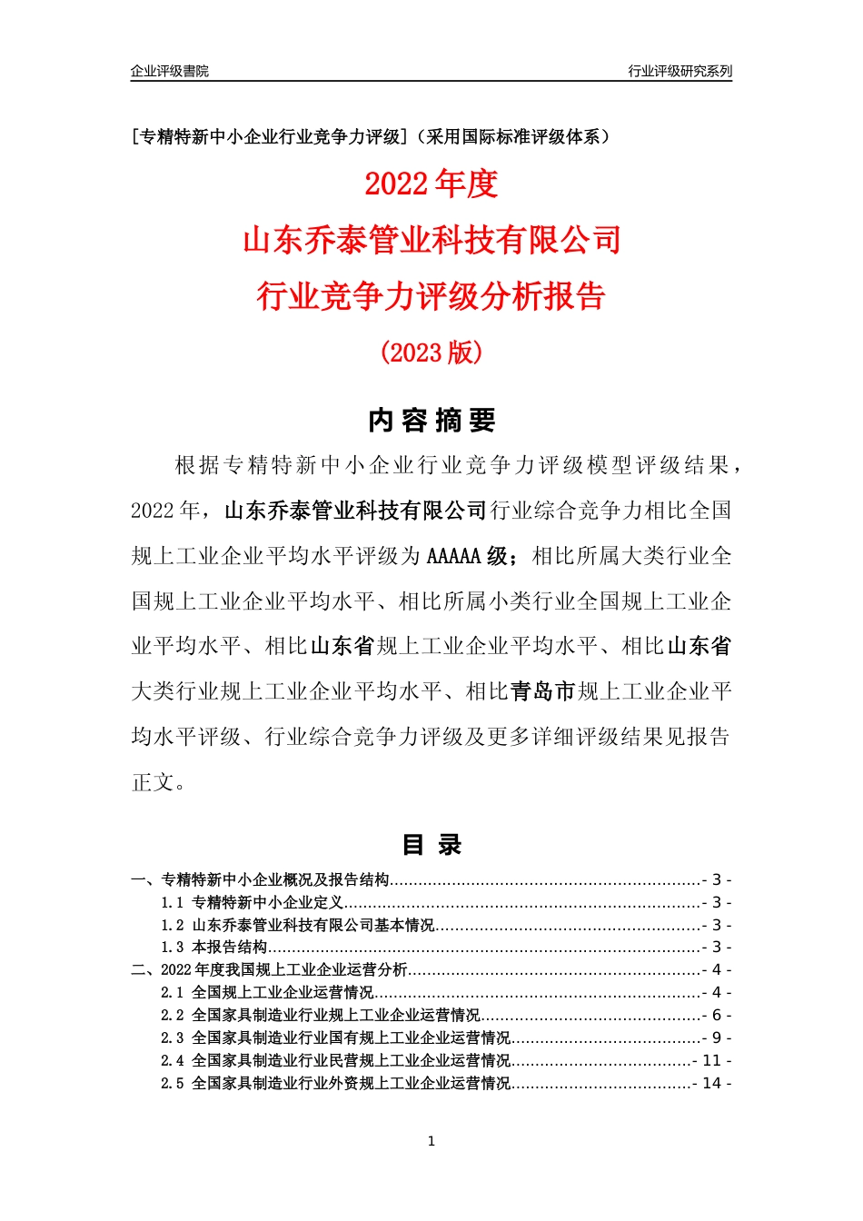 [专精特新]山东乔泰管业科技有限公司行业竞争力评级分析报告(2023版)_第1页