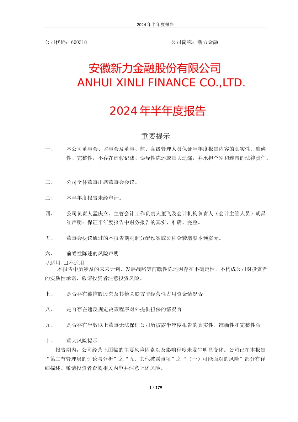 新力金融：安徽新力金融股份有限公司2024年半年度报告_第1页