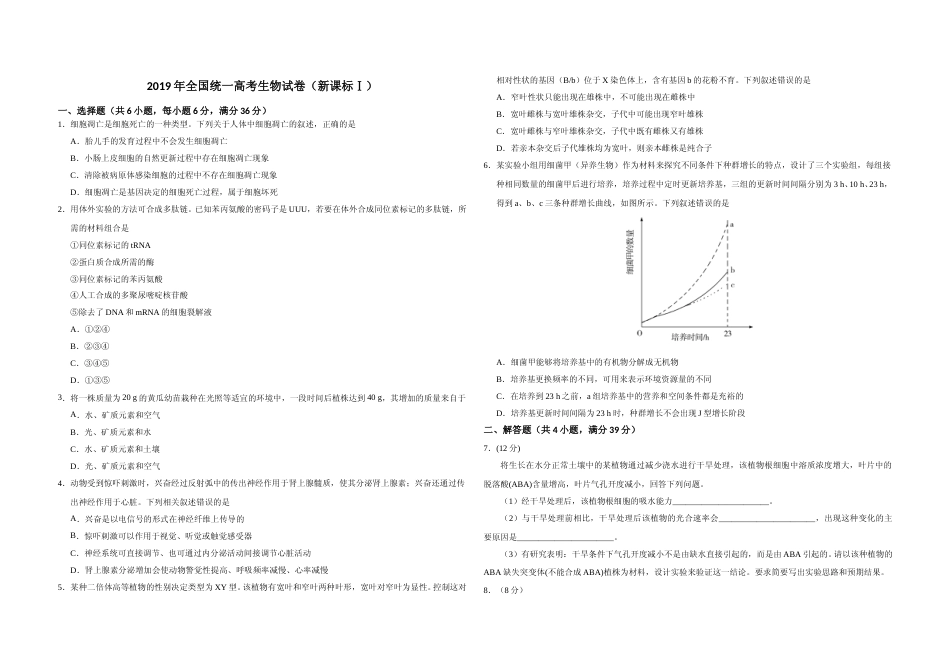 [高考真题]2019年全国统一高考生物试卷新课标I真题_第1页