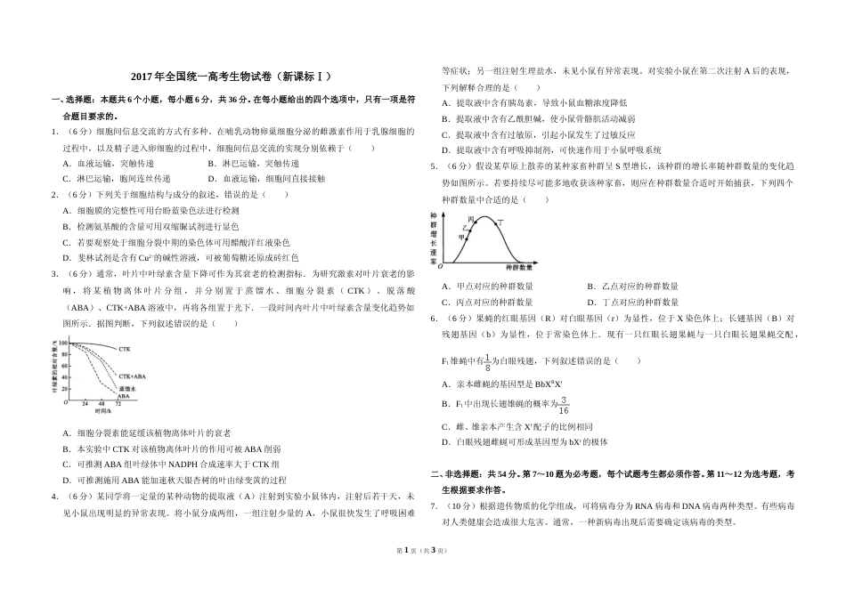 [高考真题]2017年全国统一高考生物试卷新课标I真题_第1页