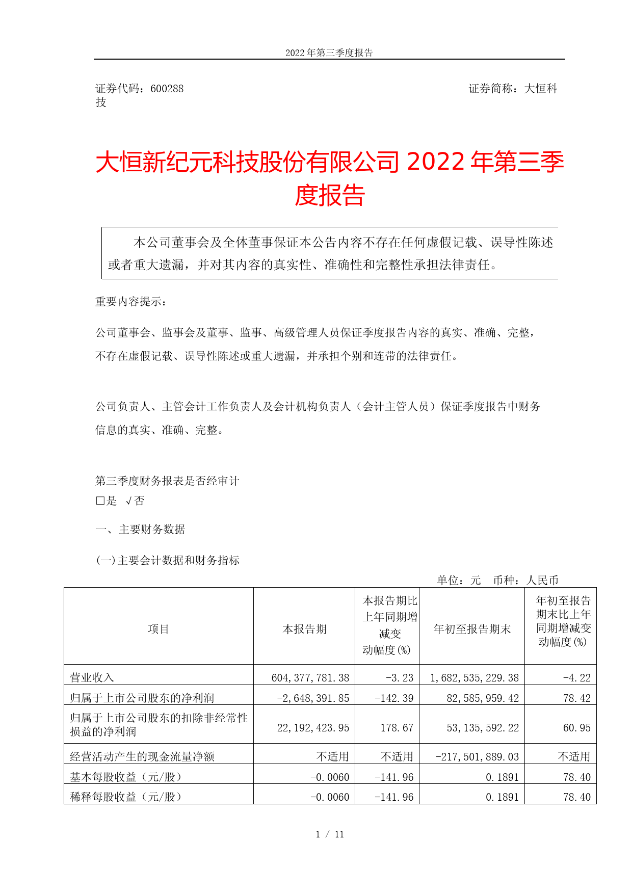 大恒科技：大恒新纪元科技股份有限公司2022年第三季度报告_第3页