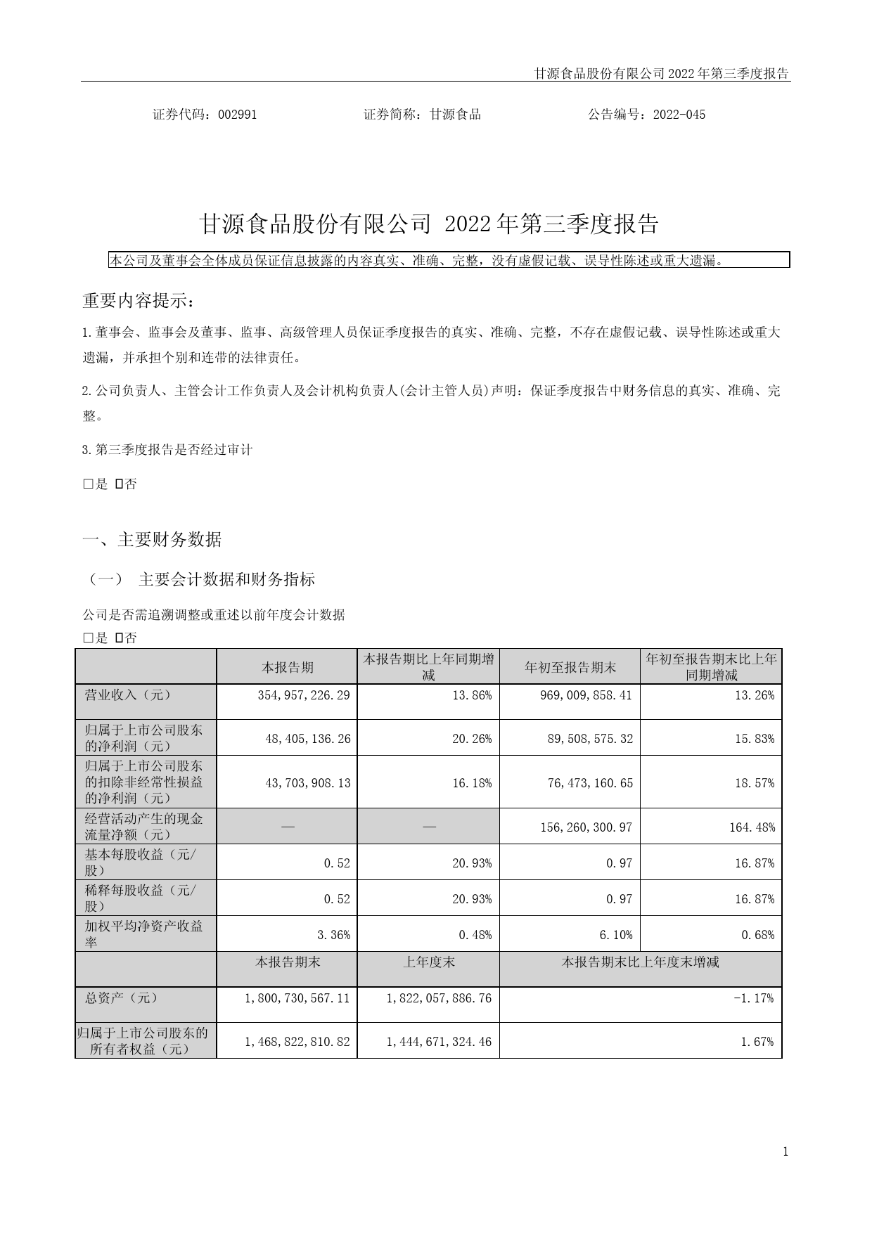 甘源食品：2022年三季度报告_第1页