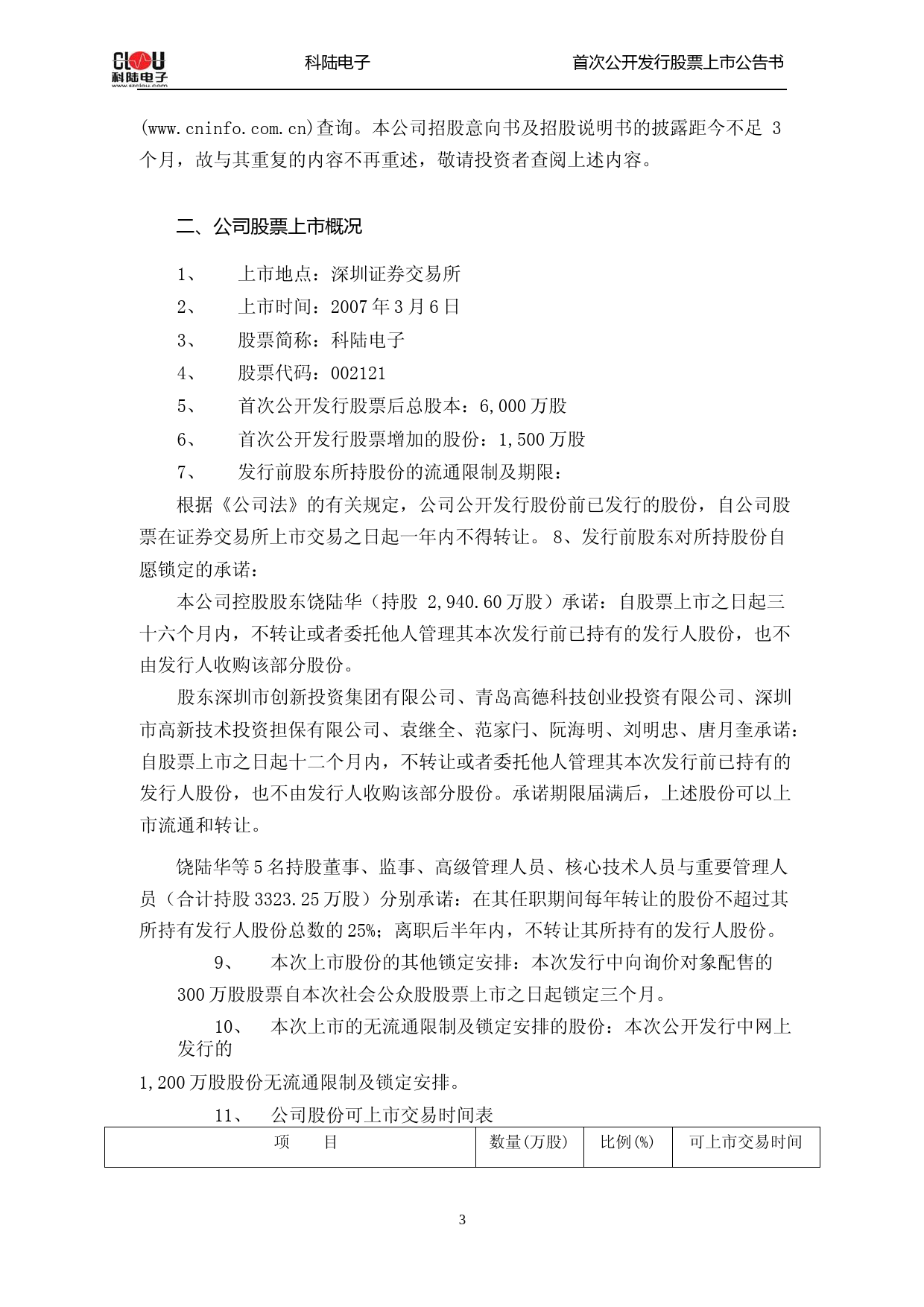 科陆电子：首次公开发行股票上市公告书_第3页