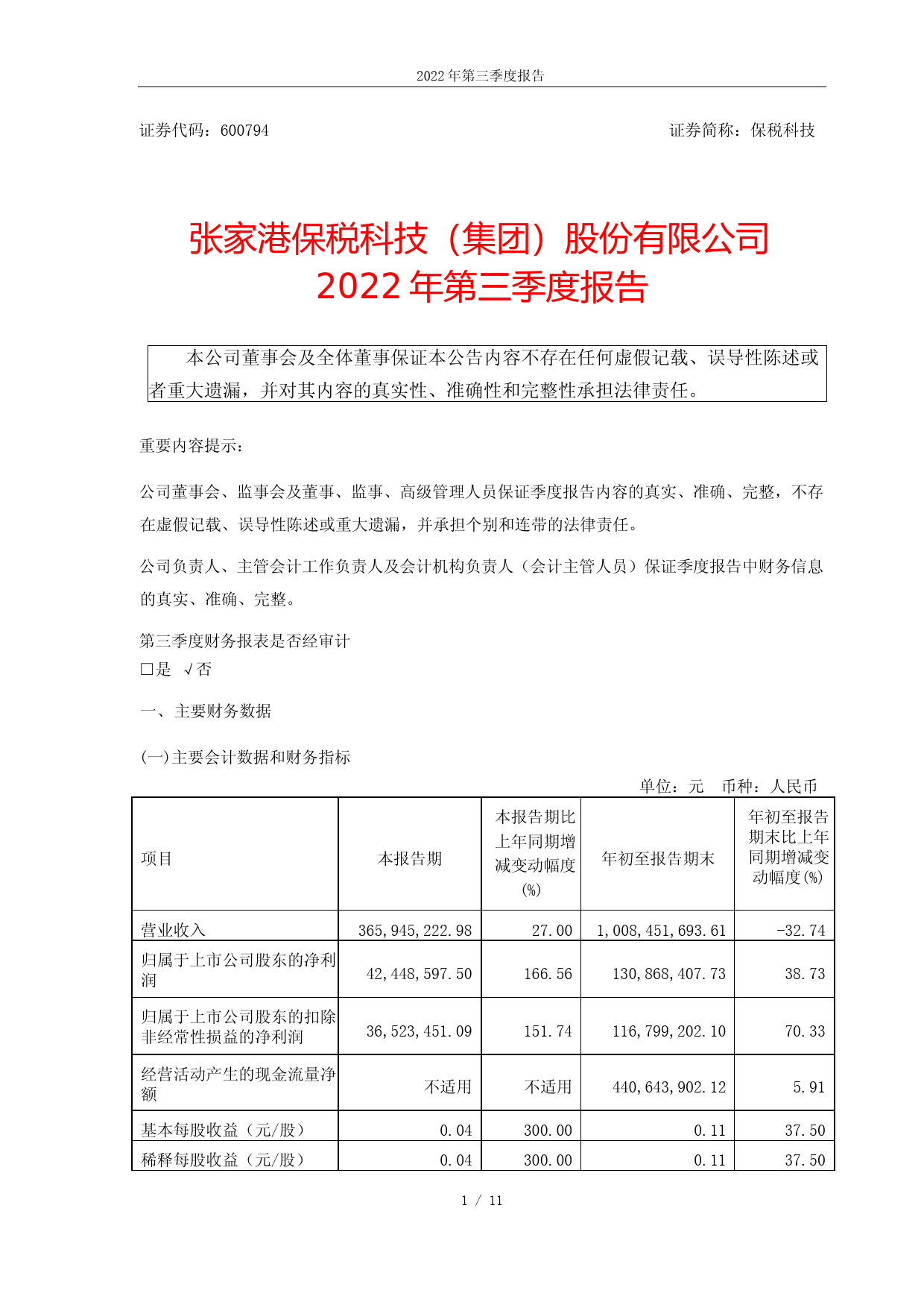 保税科技：张家港保税科技（集团）股份有限公司2022年第三季度报告_第1页