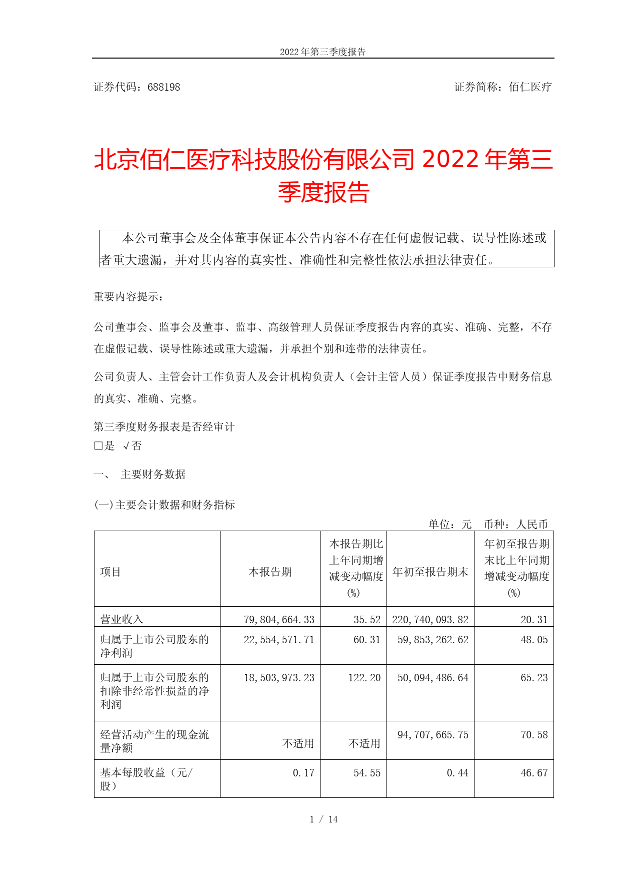佰仁医疗：佰仁医疗2022年第三季度报告_第1页