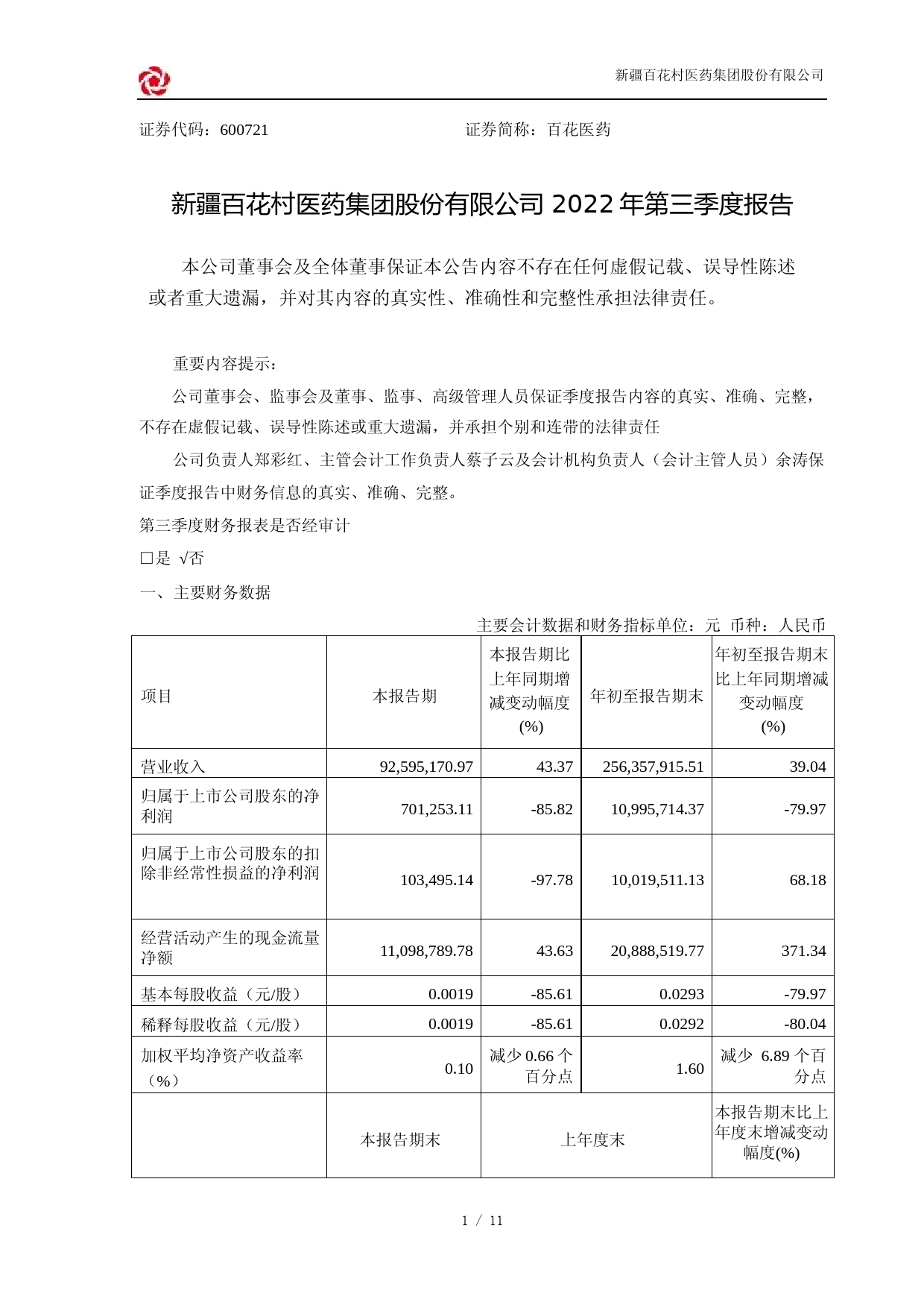 百花医药：新疆百花村医药集团股份有限公司2022年第三季度报告_第1页