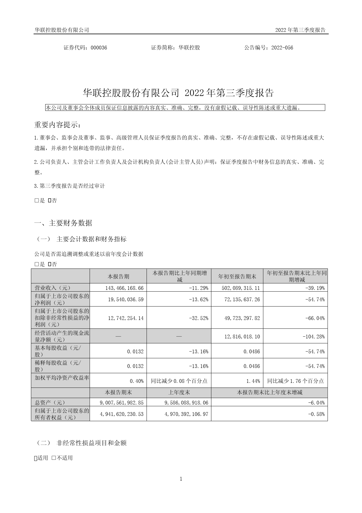 华联控股：2022年三季度报告_第1页