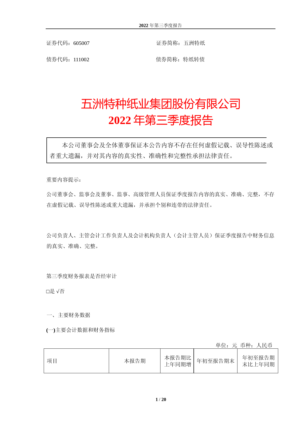 五洲特纸：五洲特种纸业集团股份有限公司2022年第三季度报告_第1页