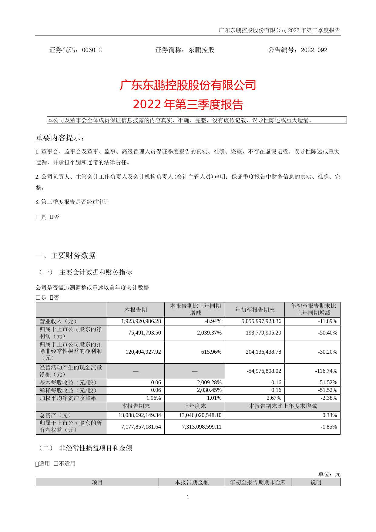 东鹏控股：2022年三季度报告_第1页