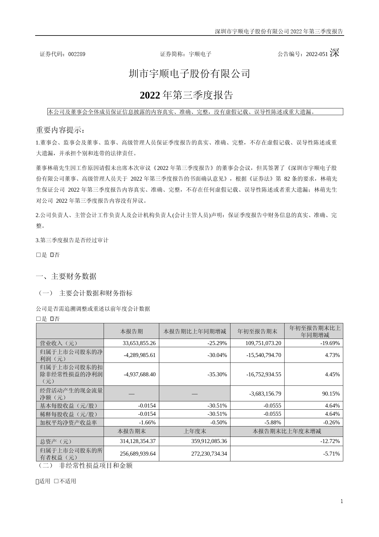宇顺电子：2022年三季度报告_第1页