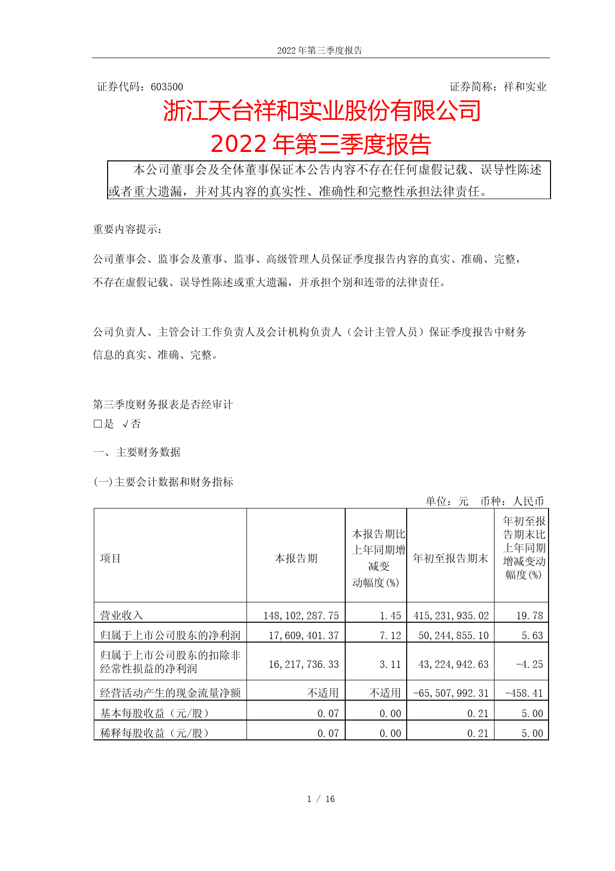 祥和实业：浙江天台祥和实业股份有限公司2022年第三季度报告_第1页